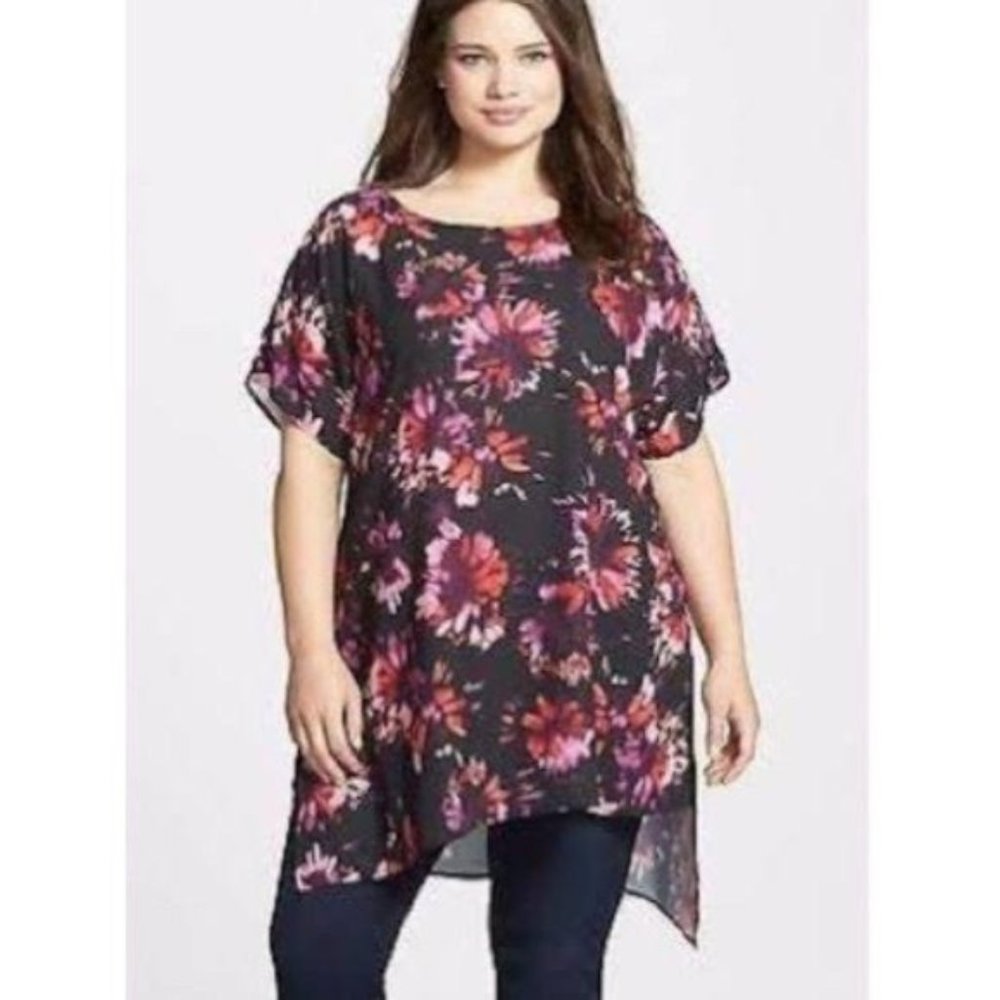 Sejour Plus 18W Asymmetrical Floral Print Tunic Blouse